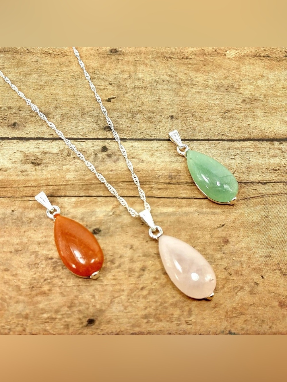 Interchangeable Genuine Gemstone Pendant Necklace Set rose, green, orange NEW